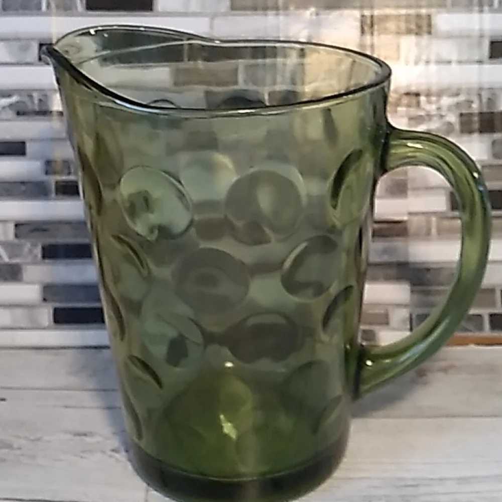 Vintage 1960s green pitcher polka dot thumbprint pitcher retro pitcher glass MCM
